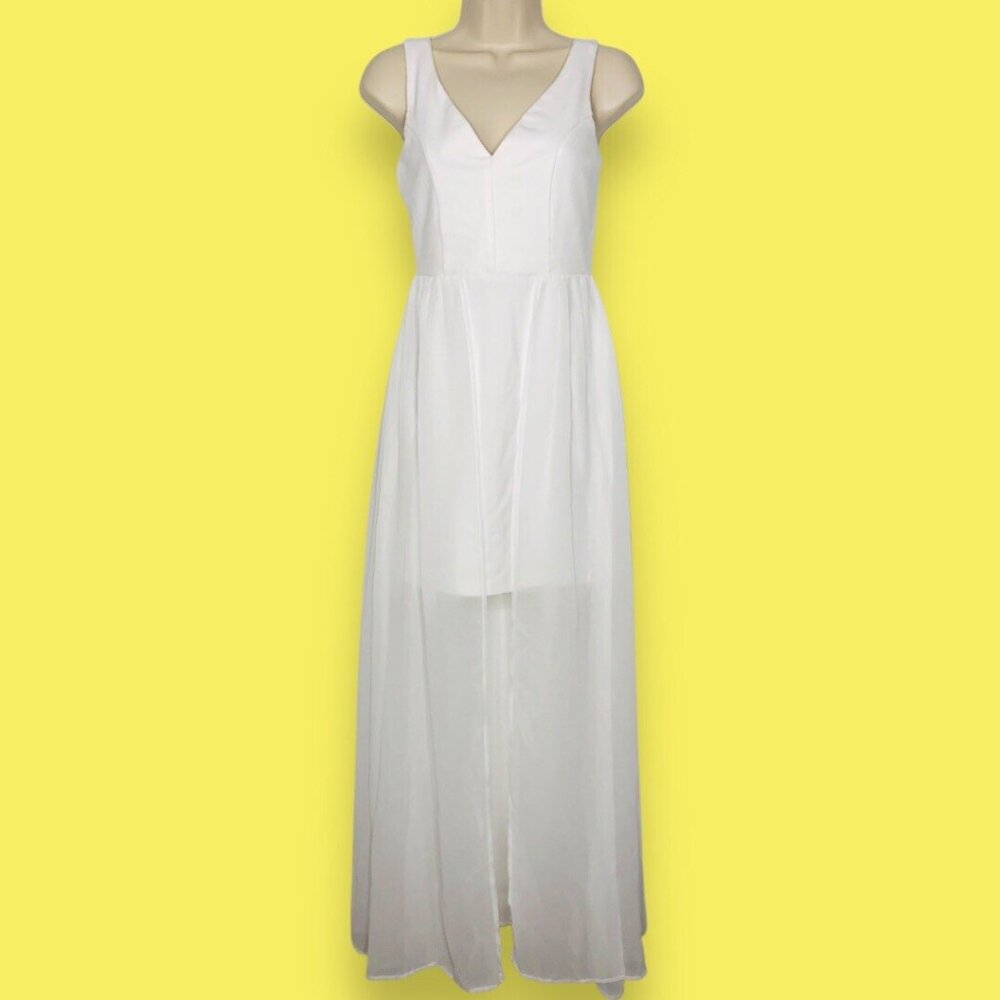 Charlotte Russe White Mini Dress S Sheer Chiffon Maxi Wrap Bottom Skirt V Neck
